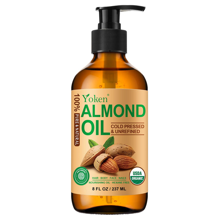 Yoken almond oil front bottle showing label and amber glass benefit preservation