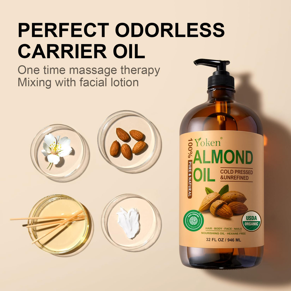 Yoken almond oil applied to hair ends to restore softness and reduce frizz