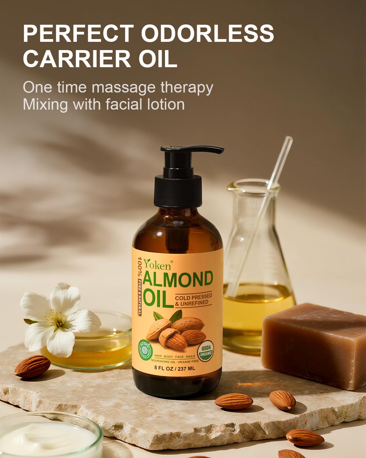 Yoken almond oil on hair ends showing frizz control and added shine