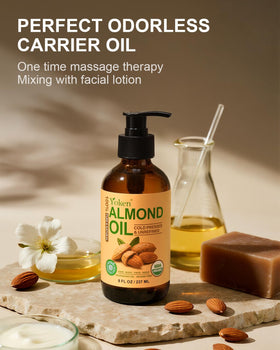 Yoken almond oil on hair ends showing frizz control and added shine
