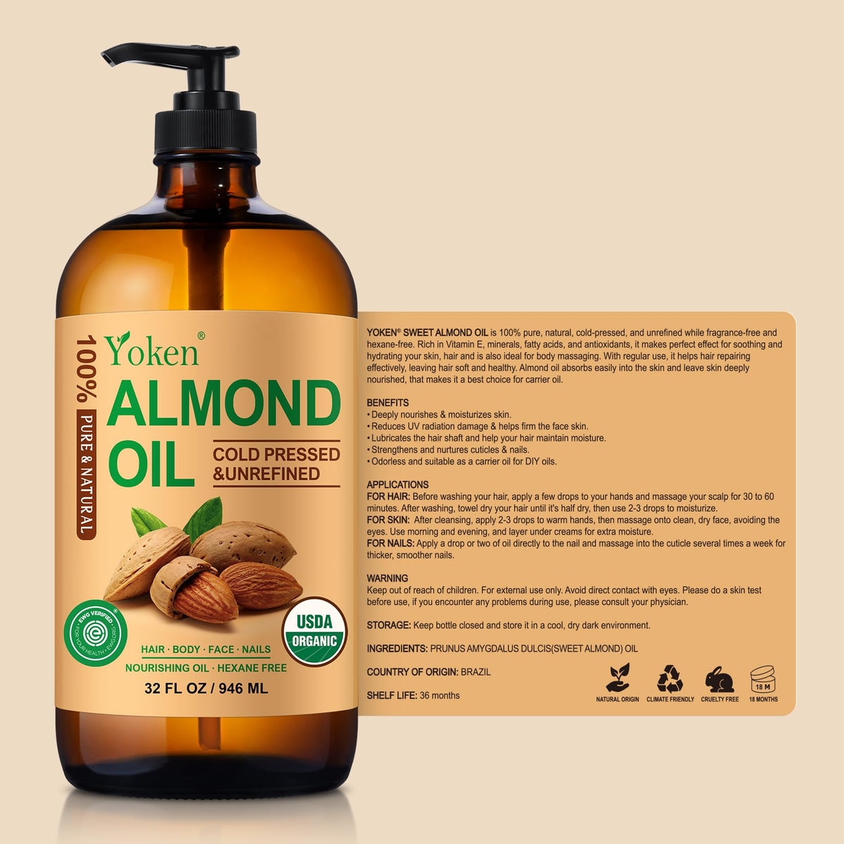 Yoken almond oil bottle on bathroom shelf to show everyday skincare use