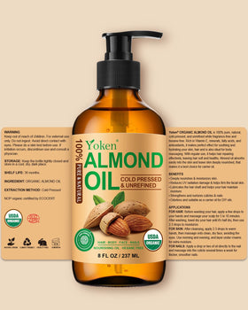 Yoken almond oil beside a ruler showing 8 fl oz size and practical volume