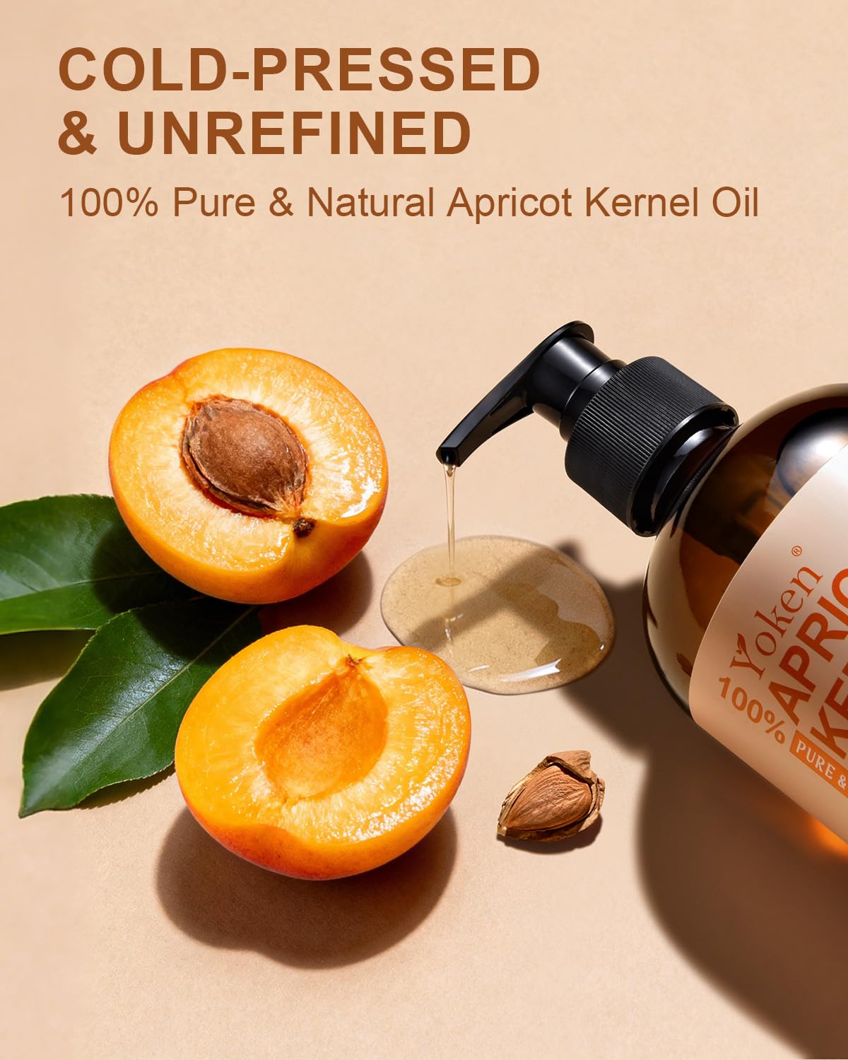 Yoken apricot oil amber glass close-up emphasizing UV protection benefit