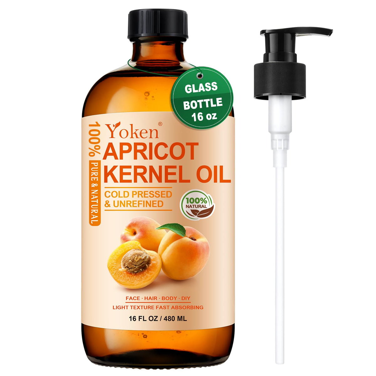 Yoken apricot oil front bottle showing label and amber glass protects quality