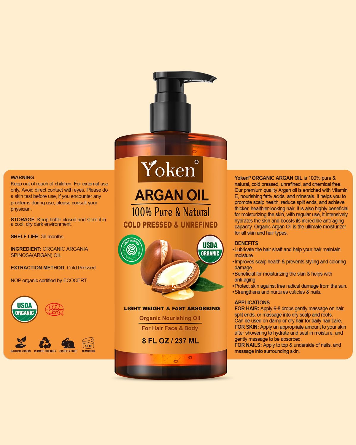 Yoken argan oil bottle next to common objects showing 8 fl oz scale