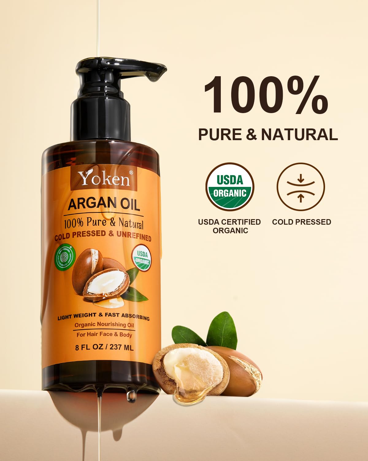 Yoken argan oil dropper pouring clear oil demonstrating easy application