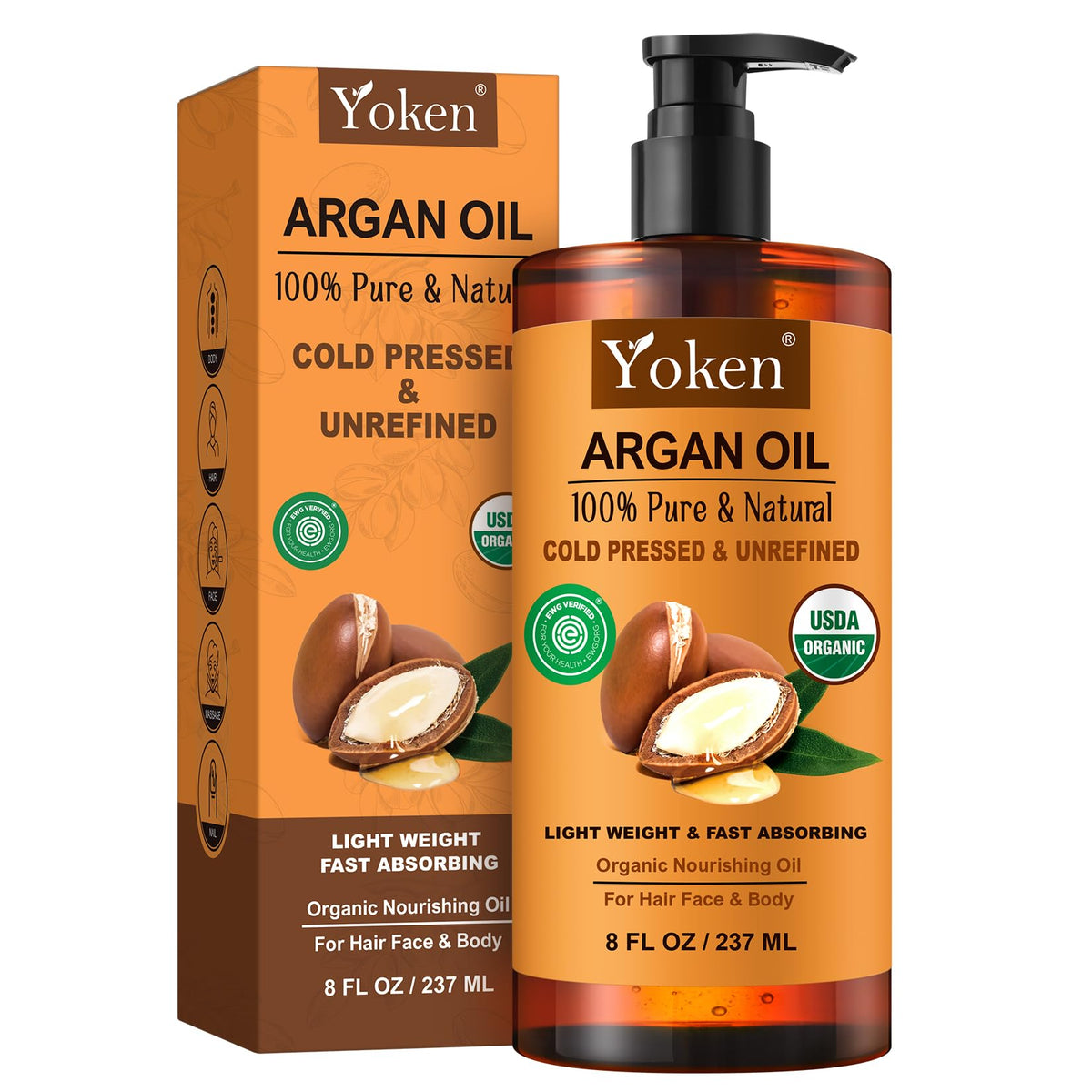 Yoken argan oil with Moroccan argan nuts highlighting ethical sourcing