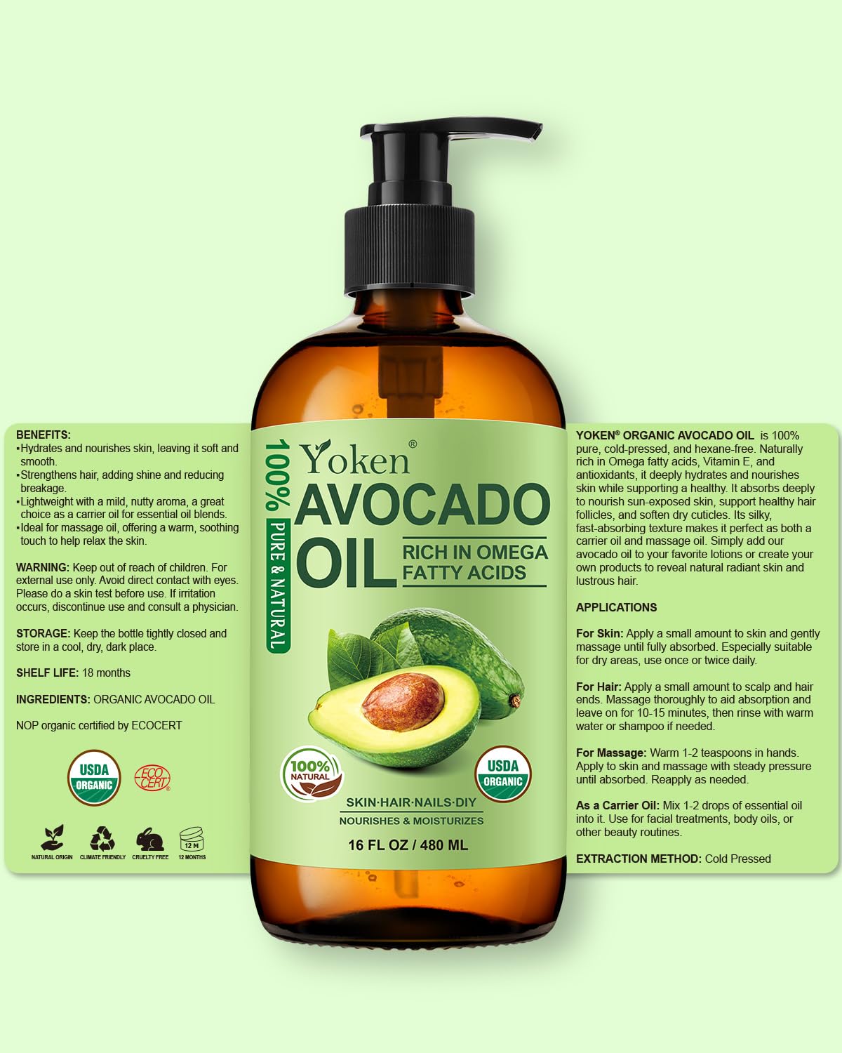 Yoken avocado oil bottle staged in bathroom for natural skincare routine
