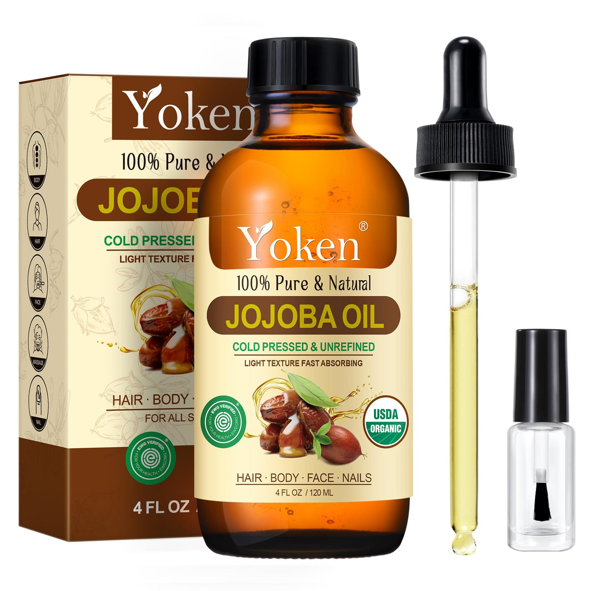 Yoken bottle front view in amber glass showing label and dropper, clear pure oil benefit