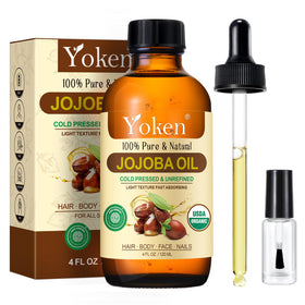 Yoken bottle front view in amber glass showing label and dropper, clear pure oil benefit