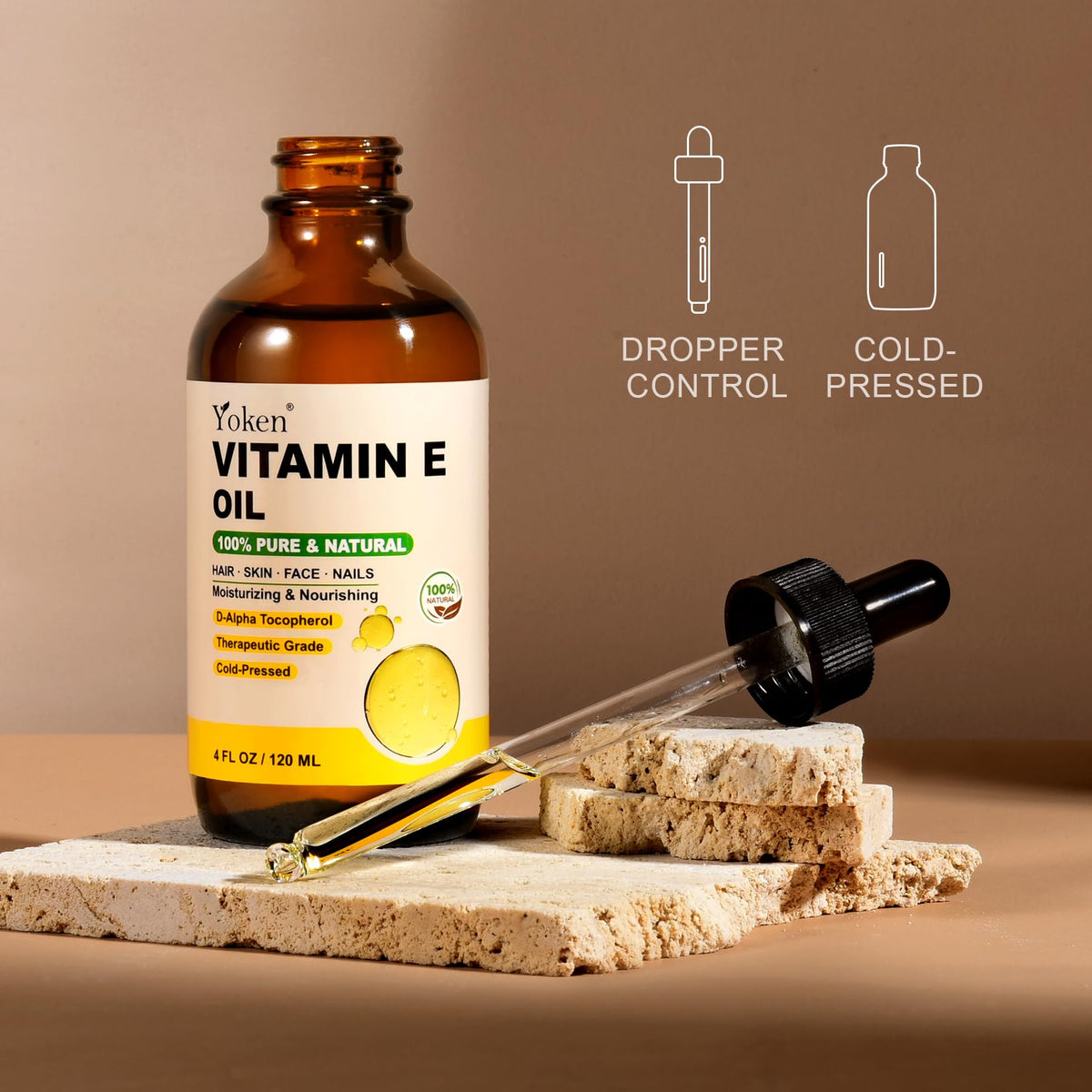 Yoken bottle label detail focusing on cold-pressed hexane-free formula information
