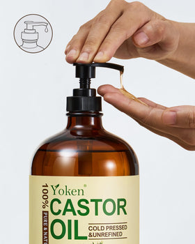 Yoken castor oil closeup texture highlighting viscous droplets and nourishing feel