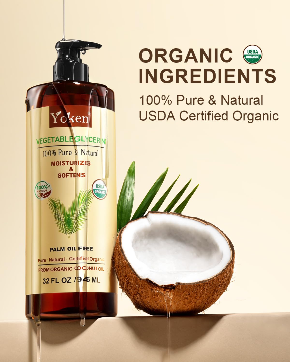 Close-up of Yoken label with USDA organic seals conveying certified purity benefit