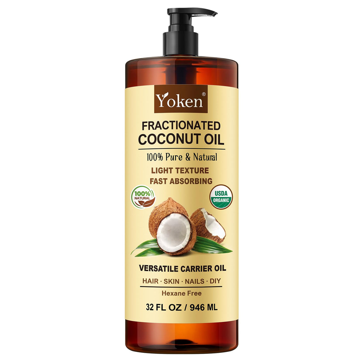 Yoken bottle front label showing organic fractionated coconut oil and USDA seal for clear product identification and trust