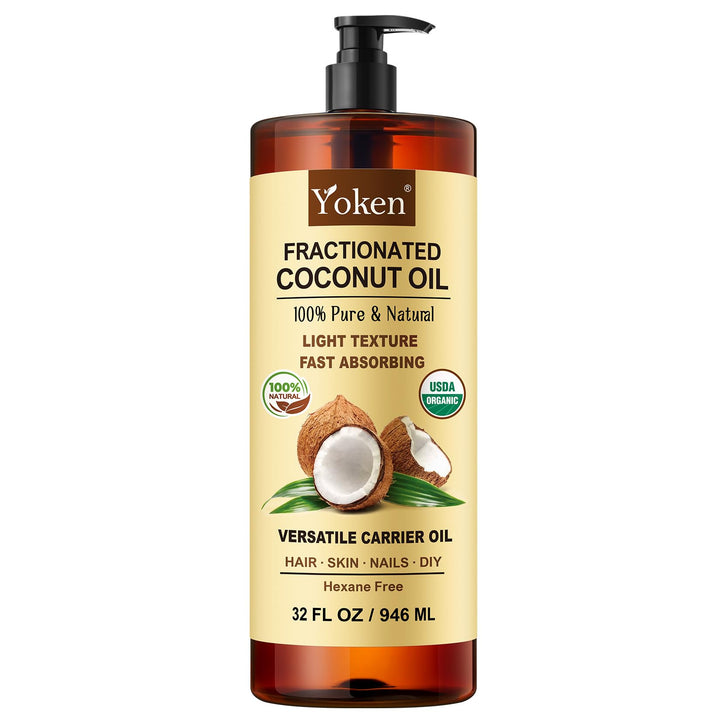 Yoken bottle front label showing organic fractionated coconut oil and USDA seal for clear product identification and trust