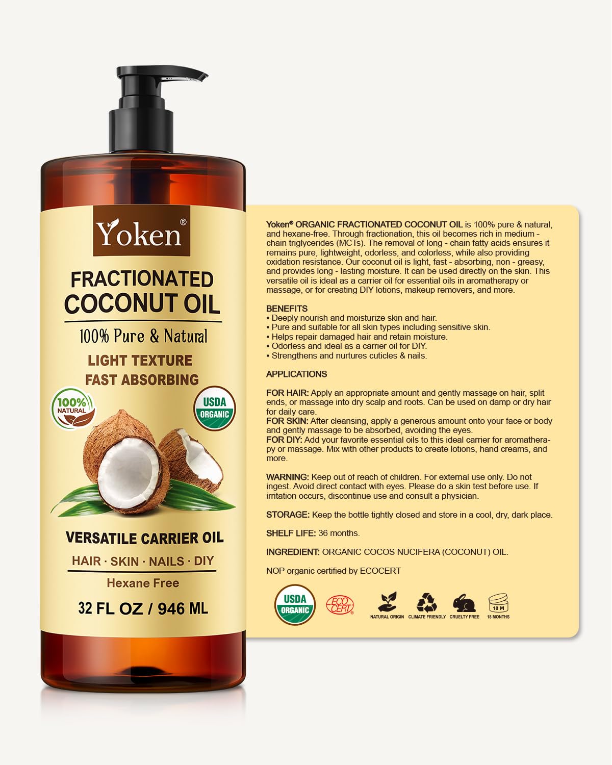 Yoken ingredient and certification label displaying USDA Organic and hexane-free claims for buyer assurance