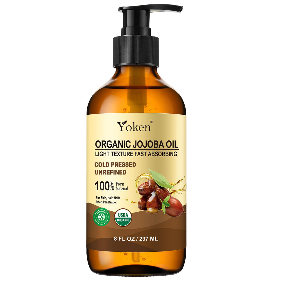 Yoken amber glass bottle front view showing clean packaging and organic oil benefit