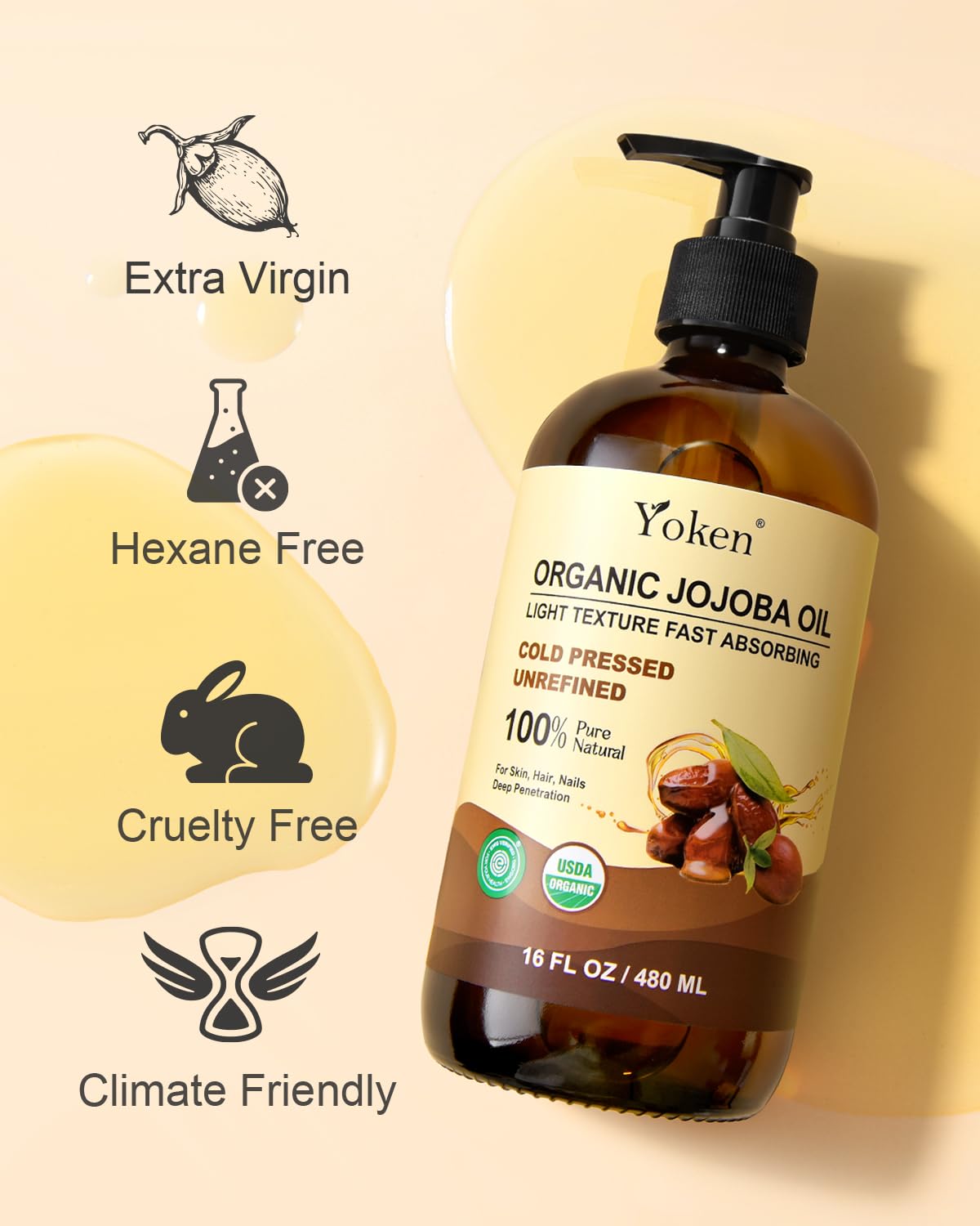 Yoken jojoba oil applied to skin demonstrating fast absorption and moisturize