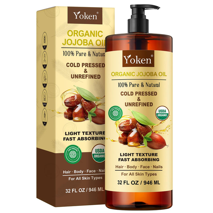 Yoken jojoba oil front bottle showing amber packaging and pump, conveys storage safety