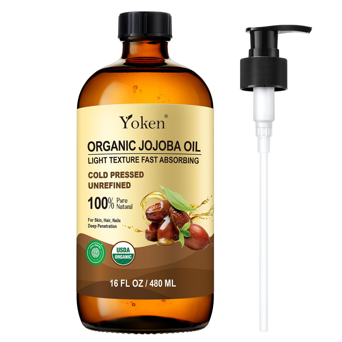Yoken jojoba oil front packaging shows amber glass bottle and purity benefits