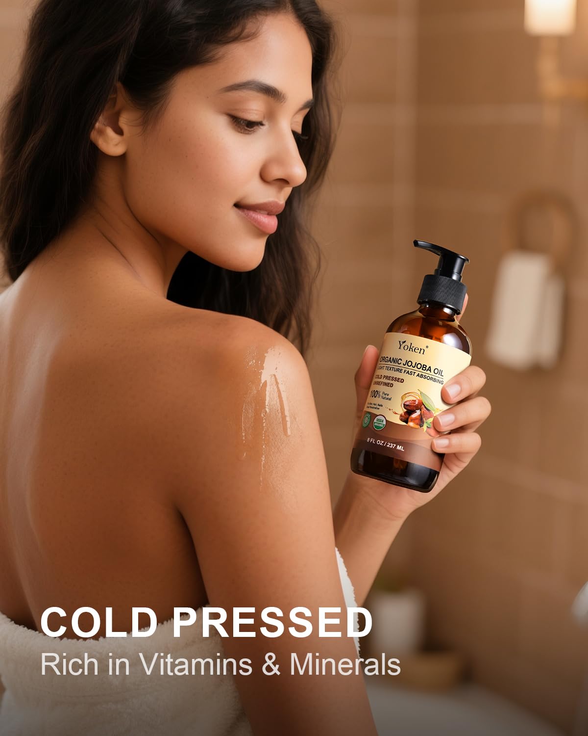 Yoken used on hair ends showing reduced frizz and added shine benefit