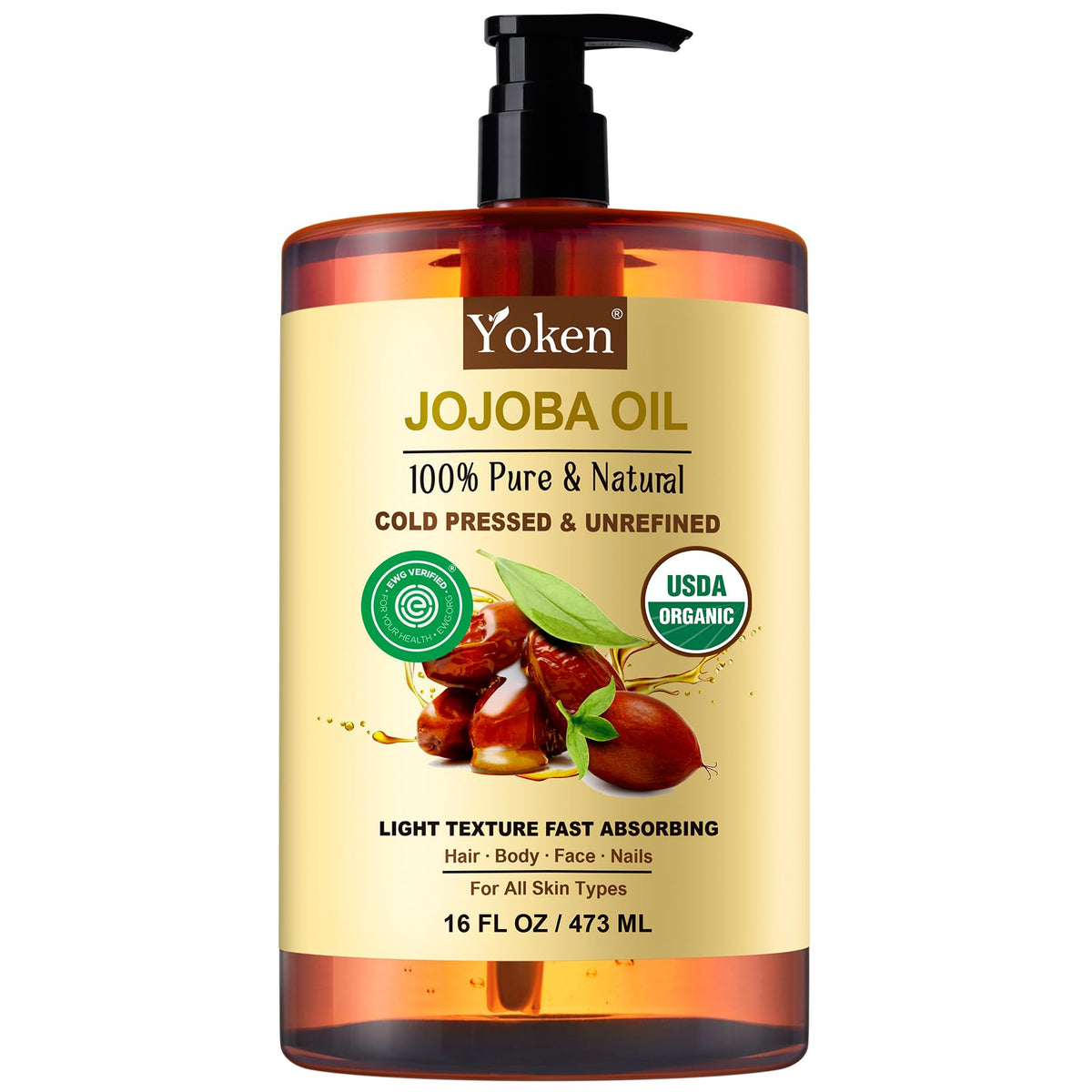 Yoken bottle front label showing organic jojoba oil and certification benefit