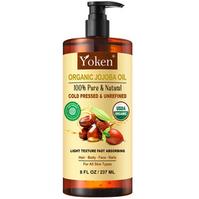 Yoken jojoba oil front label showing organic certification and clarity benefit