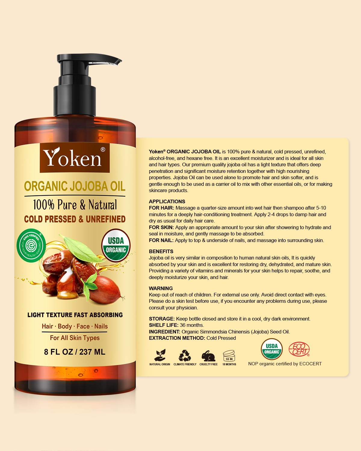 Yoken jojoba oil packaging with USDA Organic seal highlighting purity benefit