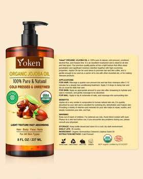 Yoken jojoba oil packaging with USDA Organic seal highlighting purity benefit