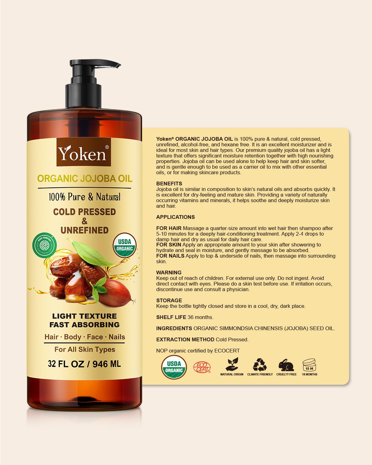 Yoken jojoba oil next to everyday objects to show 32 fl oz size and value