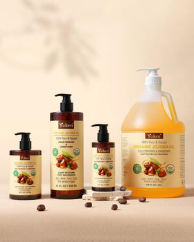 Yoken jojoba oil being massaged into skin illustrating hydration and gentle nourishment