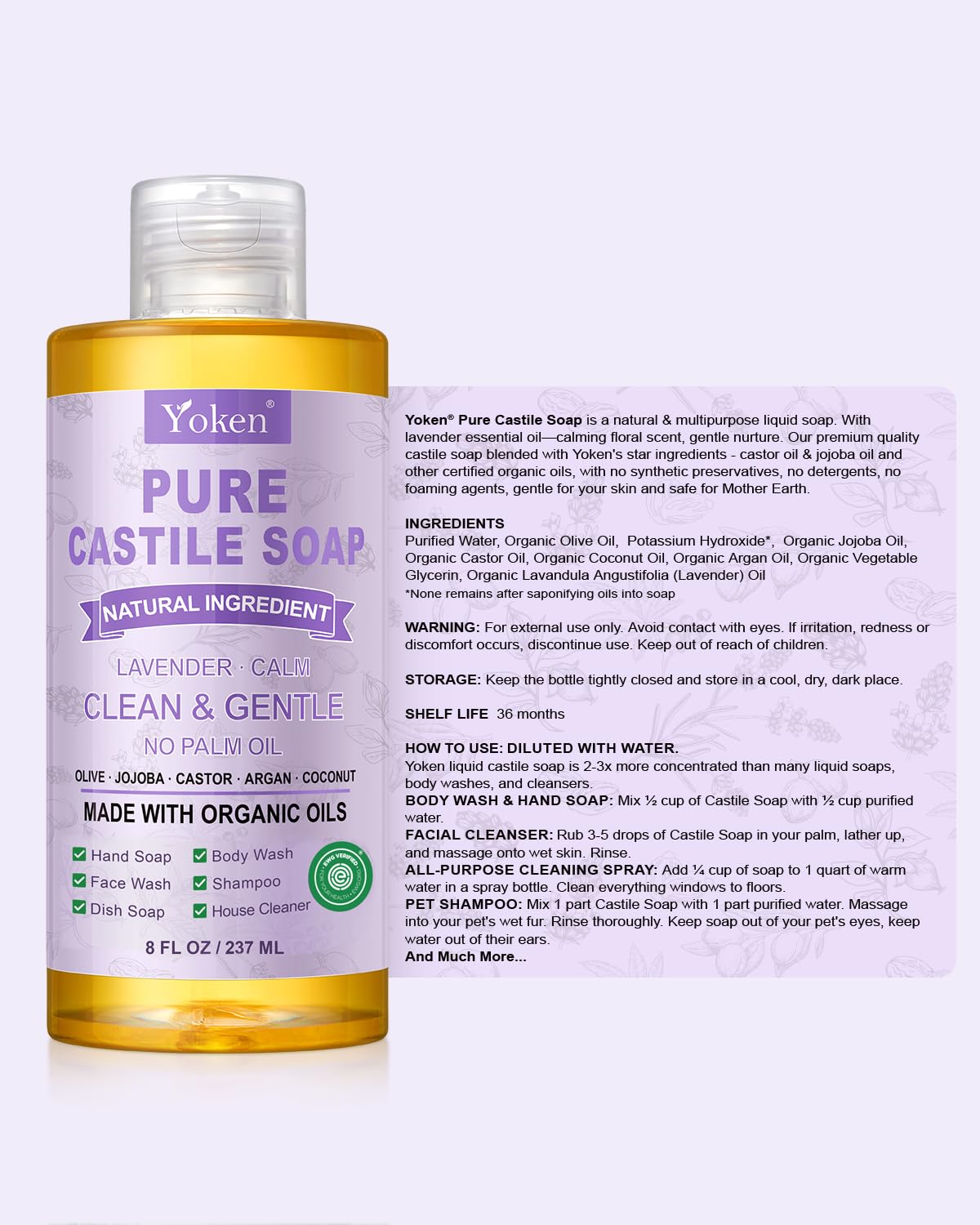 Yoken on bathroom shelf styled with lavender for calming, natural benefit