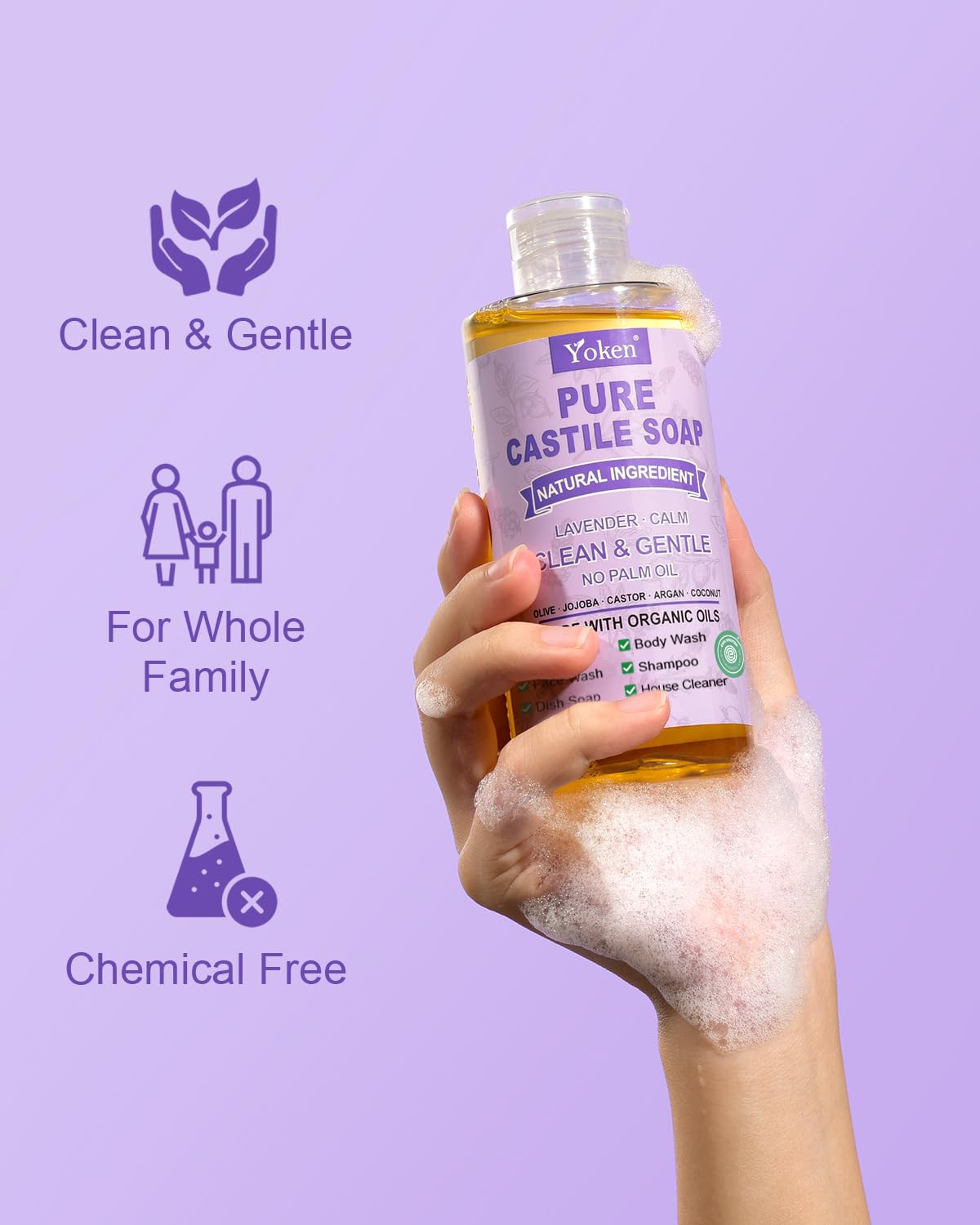 Yoken pouring soap close-up highlighting concentrated formula benefit