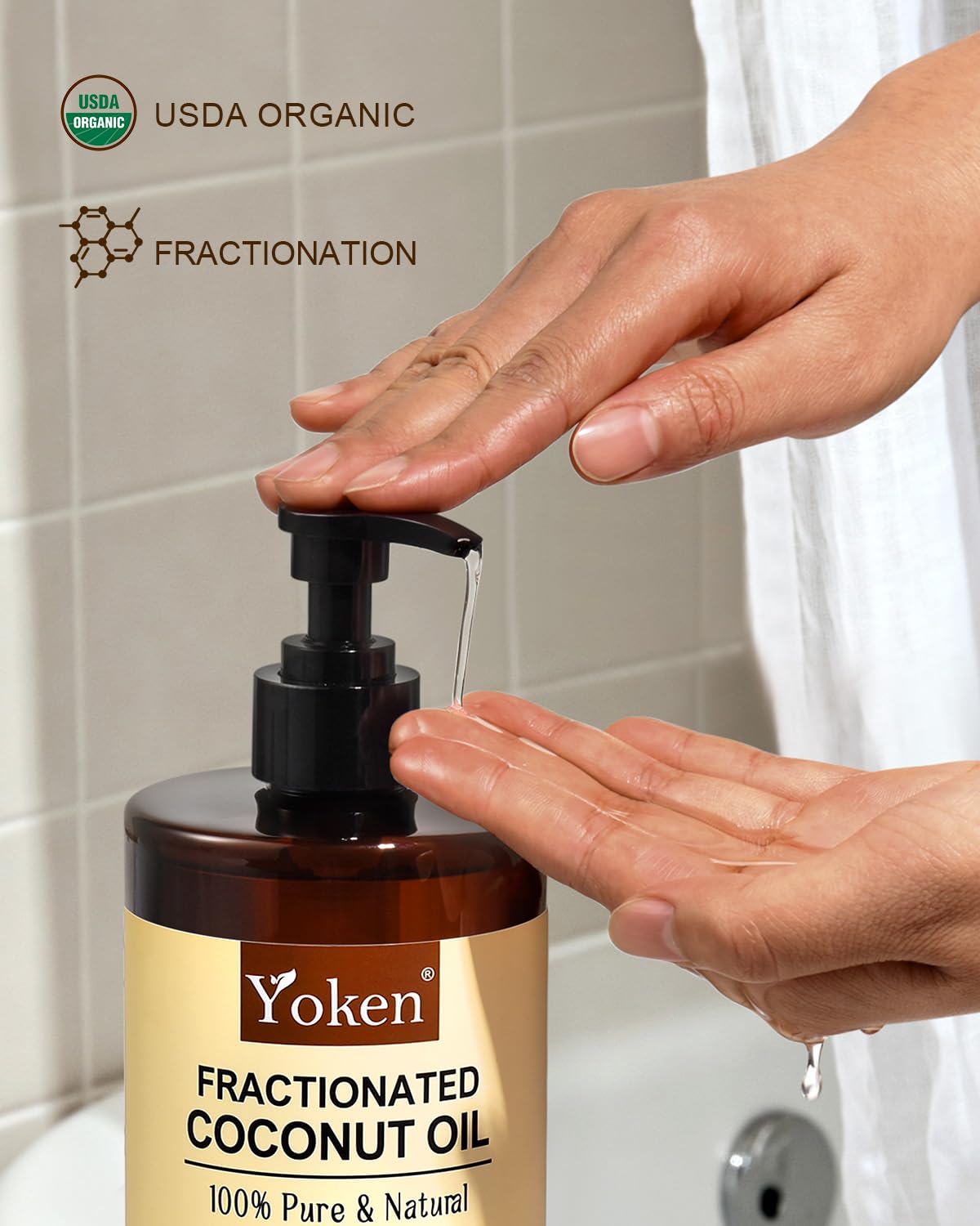 Close-up of Yoken liquid texture highlighting lightweight absorption and non-greasy finish on skin