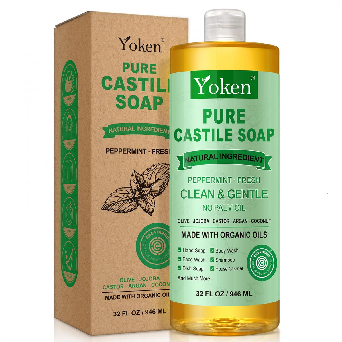Yoken bottle front label showing peppermint castile soap and organic claim