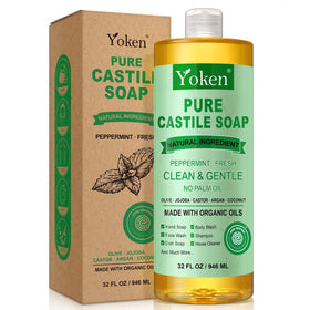 Yoken bottle front label showing peppermint castile soap and organic claim