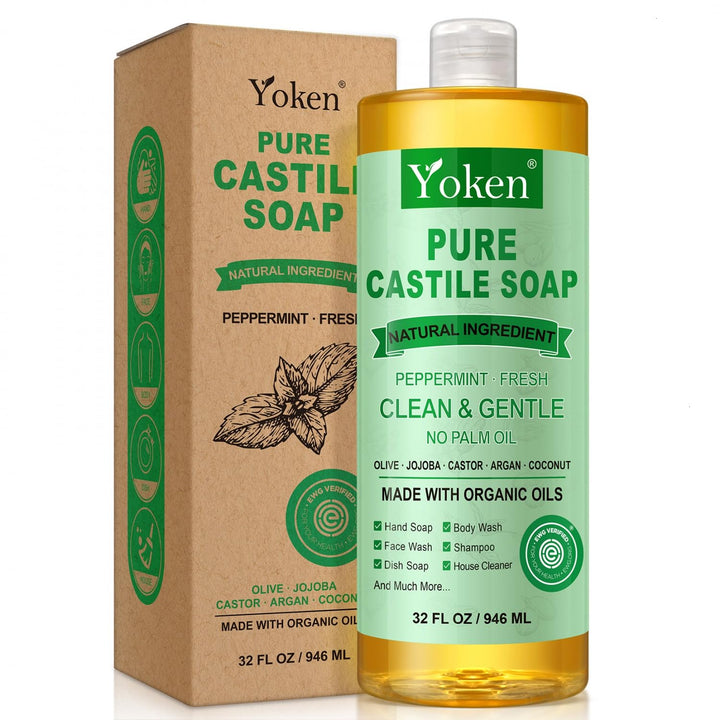 Yoken bottle front label showing peppermint castile soap and organic claim