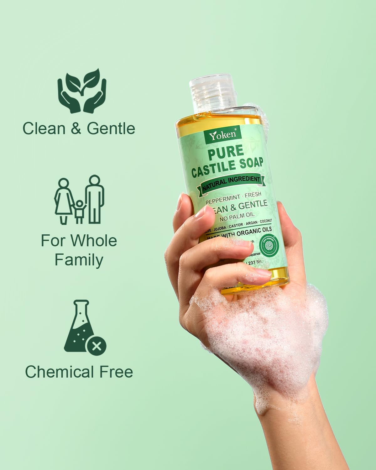 Yoken peppermint soap pouring from bottle to show concentrated texture and control