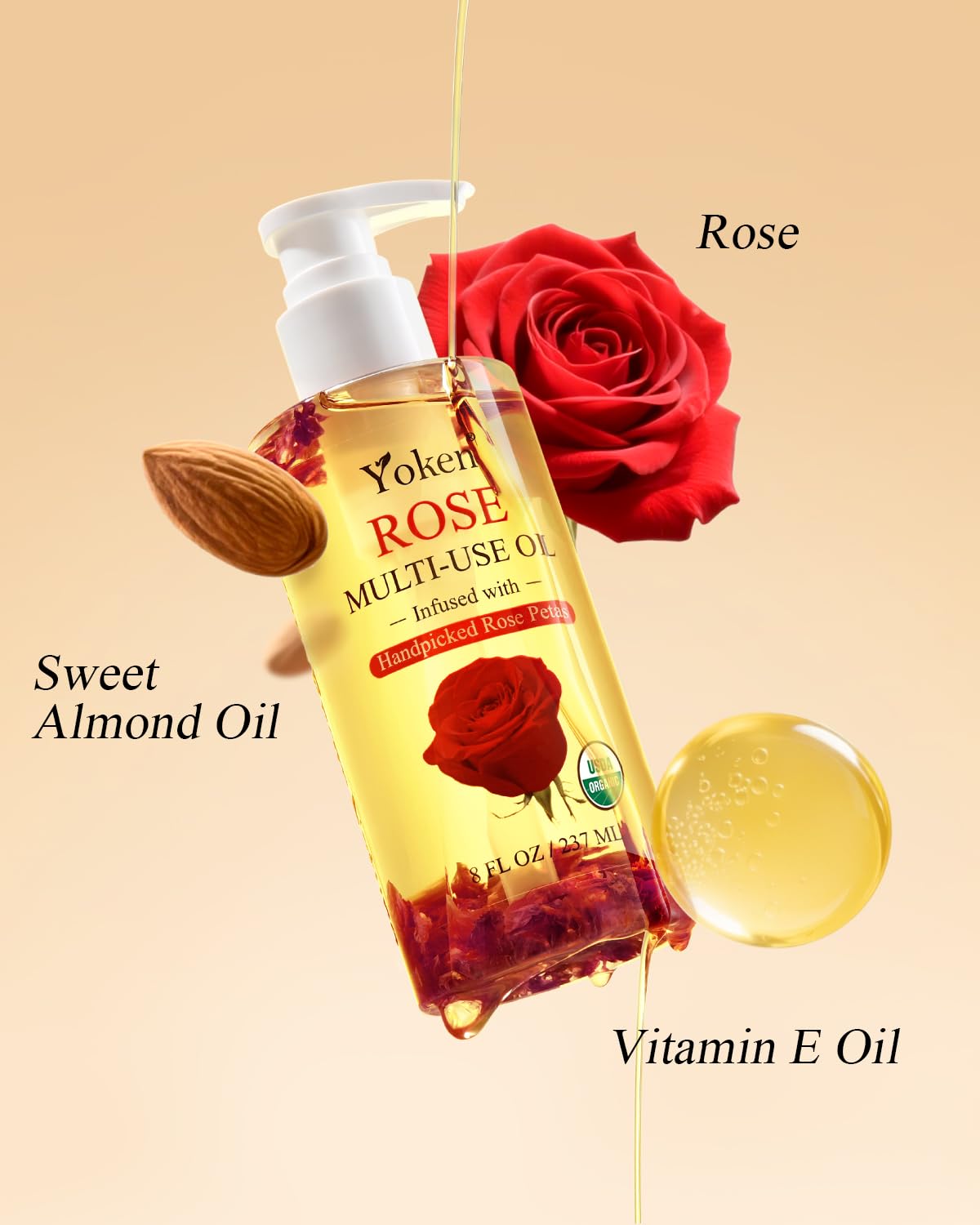 Yoken close-up of damask rose petals in oil infusion, highlights natural botanicals