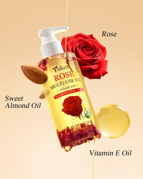 Yoken close-up of damask rose petals in oil infusion, highlights natural botanicals