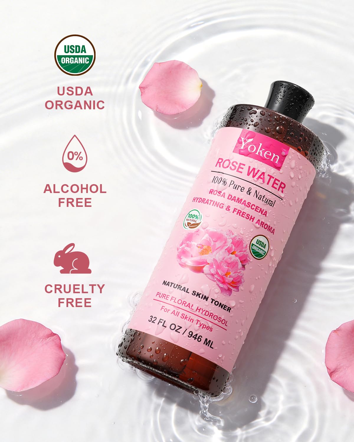 Close-up of Yoken rose hydrosol texture highlighting lightweight, fast-drying feel