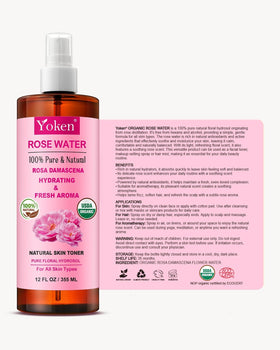 Yoken ingredient label highlighting rosa damascena hydrosol and organic certification
