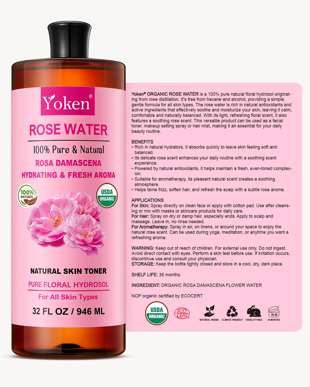 Yoken rose water on bathroom shelf among skincare products for everyday routine