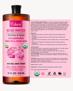 Yoken rose water on bathroom shelf among skincare products for everyday routine
