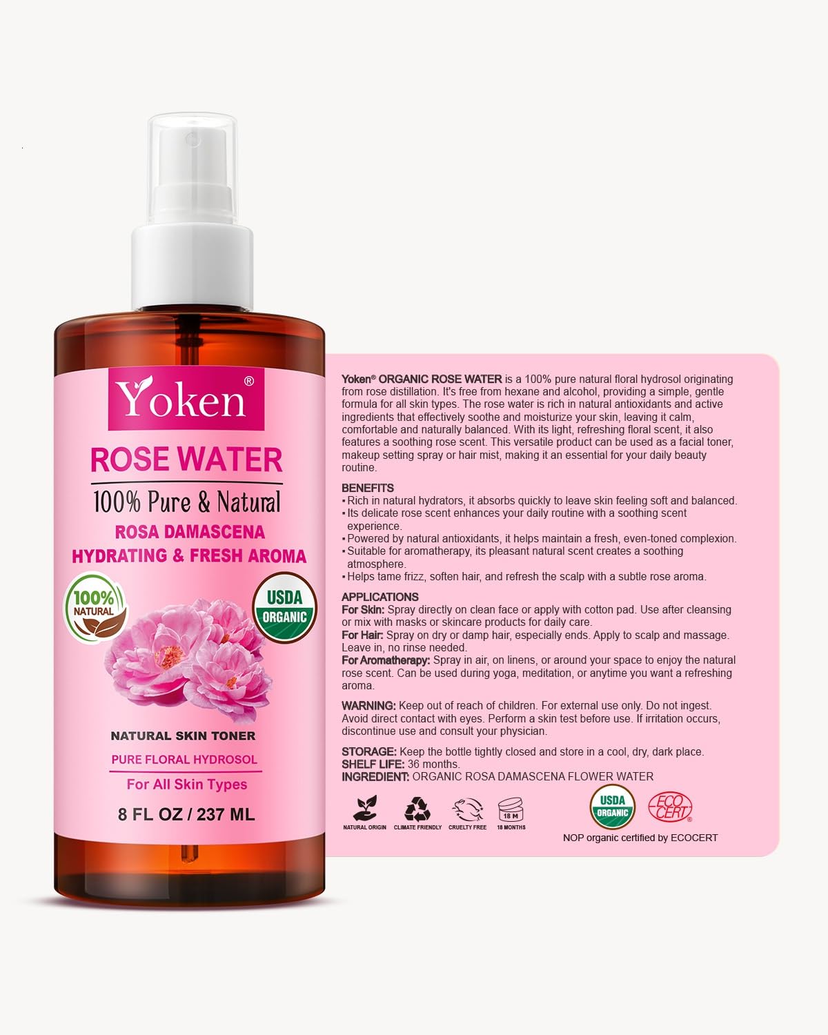 Yoken bottle beside fresh roses emphasizing natural Rosa damascena origin