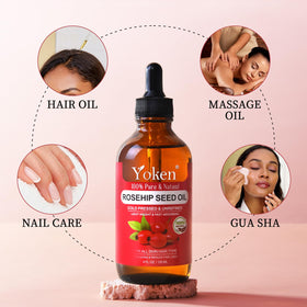 Yoken bottle with rosehips illustrating natural sourcing and purity benefit