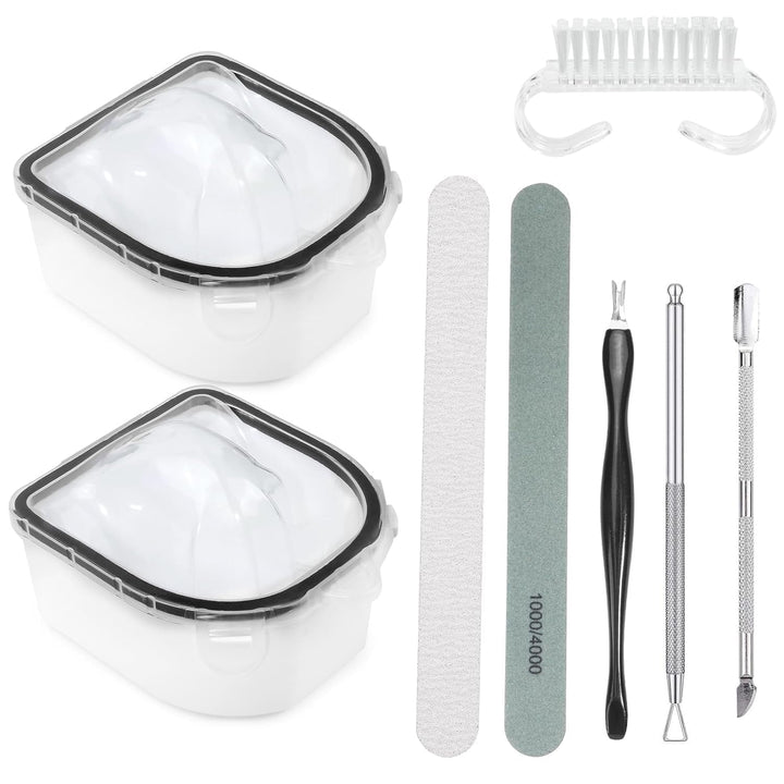 Yokilly front view showing two bowls and included tools for tidy manicure