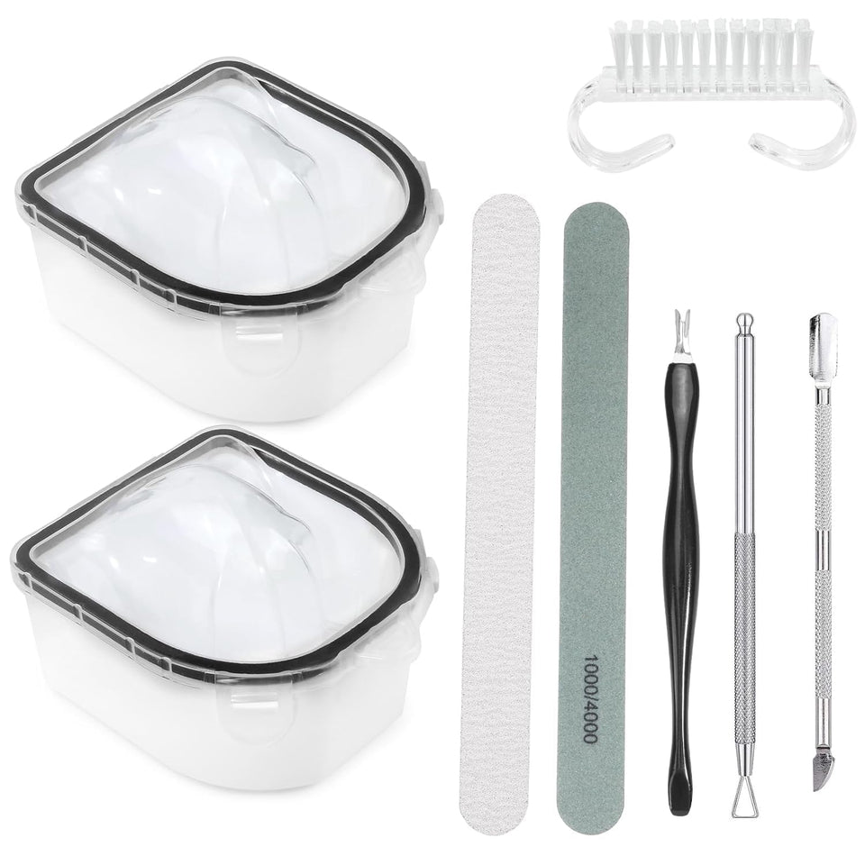 Yokilly front view showing two bowls and included tools for tidy manicure