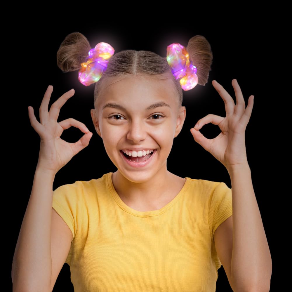 Yomwig scrunchie lit in dark on ponytail showing visibility and festive glow benefit