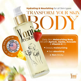 Yoni Rescue bottle on bathroom shelf suggests everyday routine and easy access